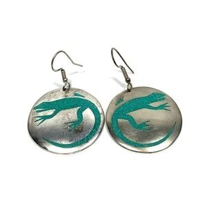 Alpaca Mexico Earrings Dangles Artisan Vintage Lizard Inlaid Turquoise